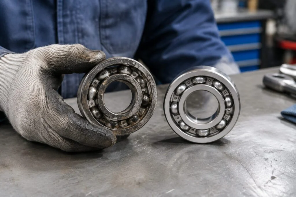 Technician holding a worn roller bearing next to a new replacement bearing on a workbench