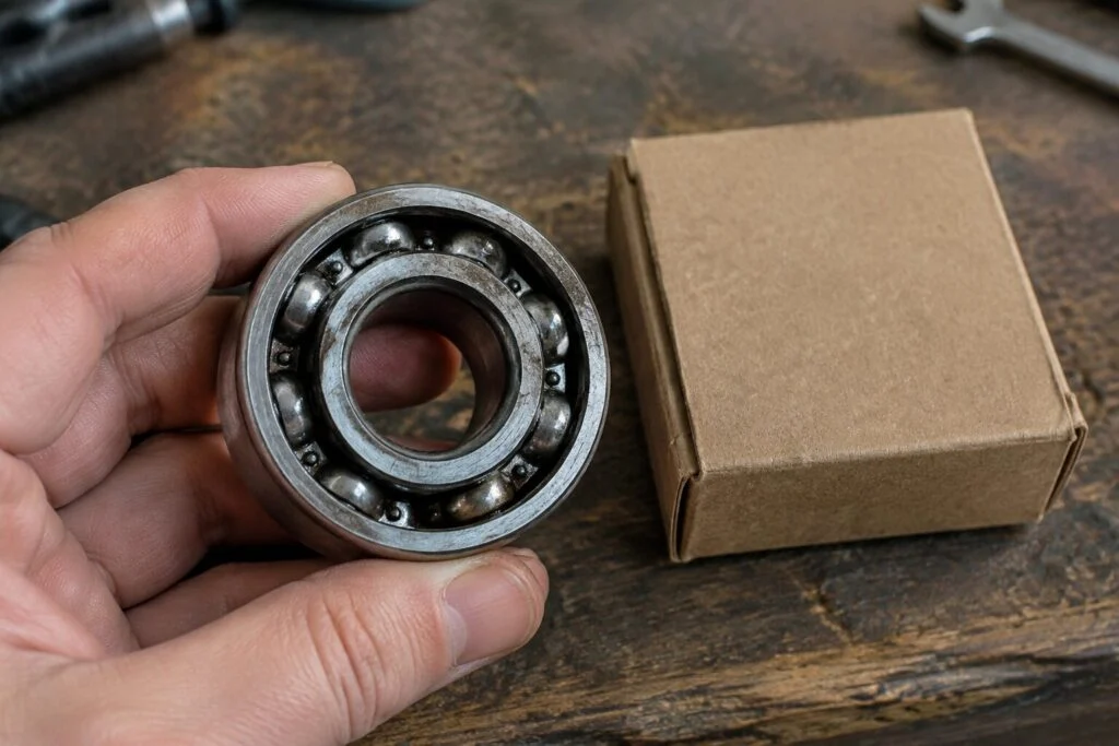 Close-up of a hand holding a used roller bearing next to its cardboard box on a workbench