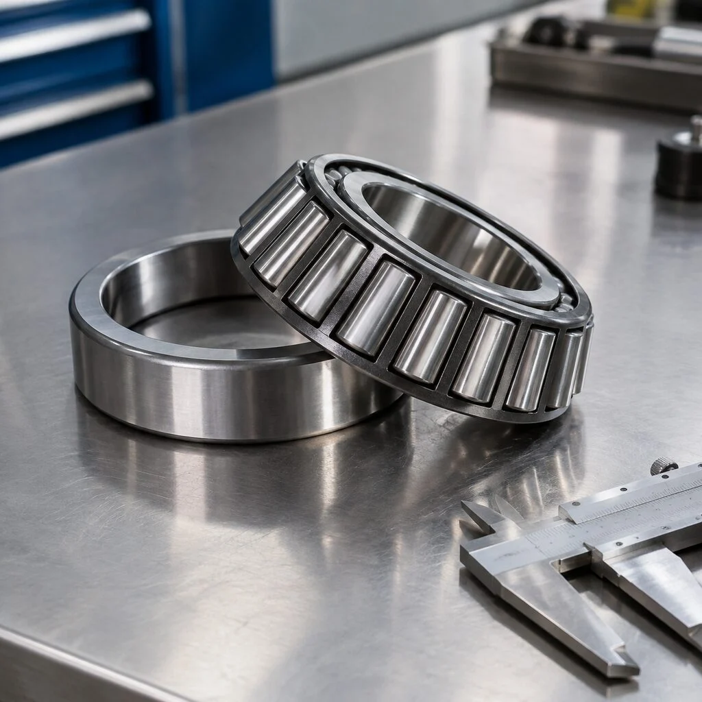 Tapered roller bearing resting on a clean steel workbench beside a caliper
