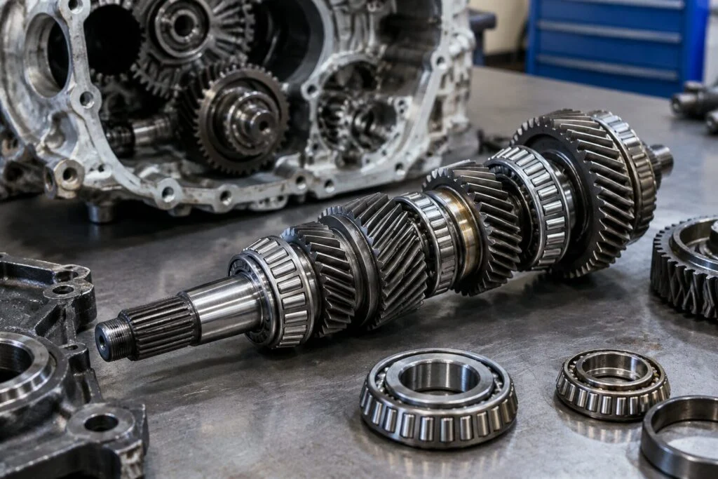 Disassembled vehicle transmission showing tapered roller bearings on the shaft