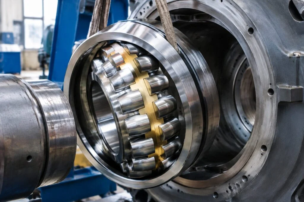 Large spherical roller bearing being fitted into heavy-duty machinery