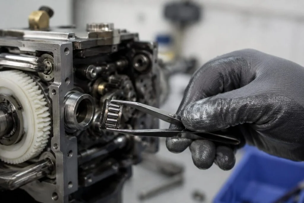 Technician removing a needle roller bearing from a compact machine mechanism