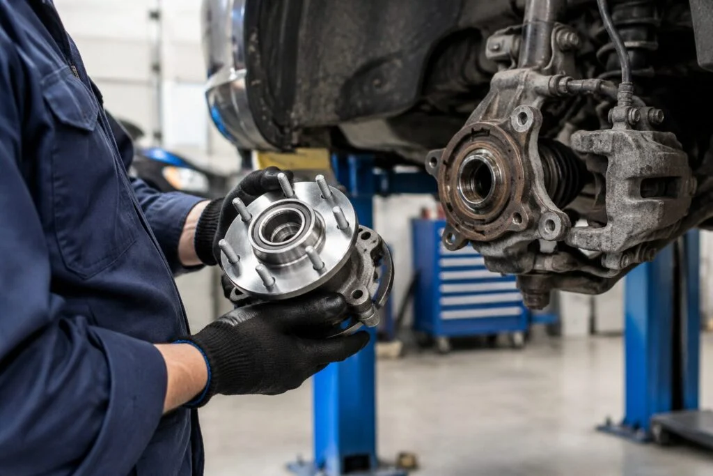 Mechanic holding a wheel hub bearing next to a raised vehicle in a service bay