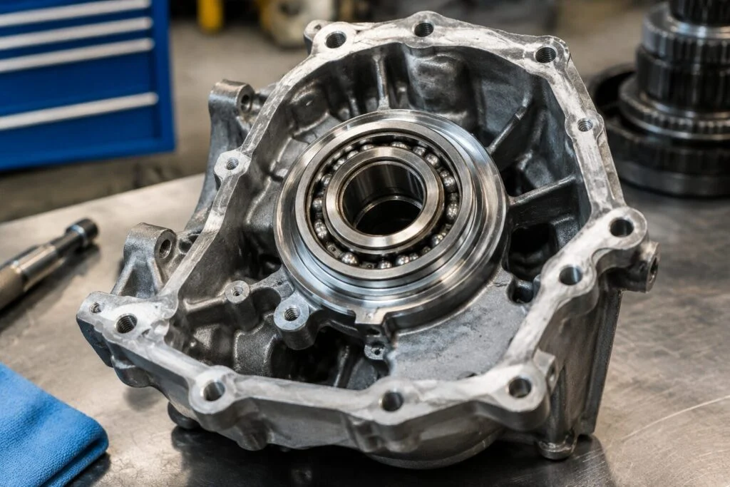 Replacement bearing seated in a transmission housing on a service bench