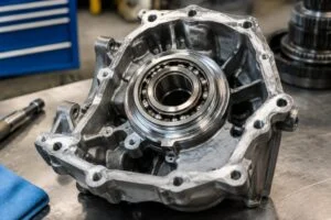 Replacement bearing seated in a transmission housing on a service bench