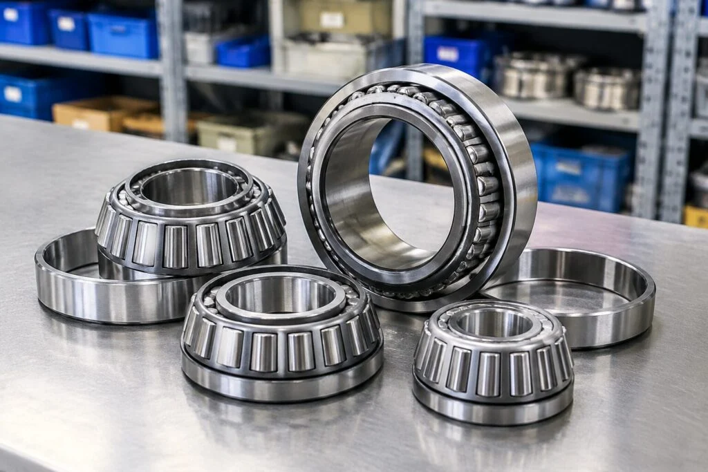 Tapered roller bearings arranged on a clean workbench in an industrial parts room