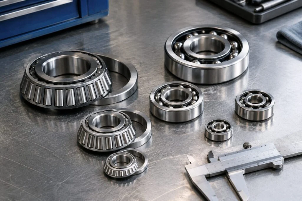 Tapered roller bearings and ball bearings laid out on a steel workbench next to a caliper