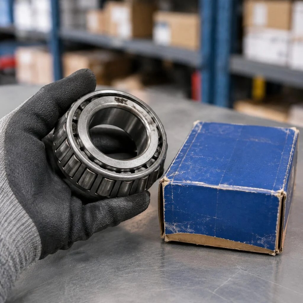 Maintenance buyer holding a used tapered roller bearing next to its original box