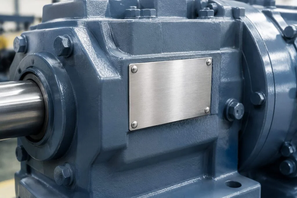 Metal nameplate riveted to an industrial gearbox housing
