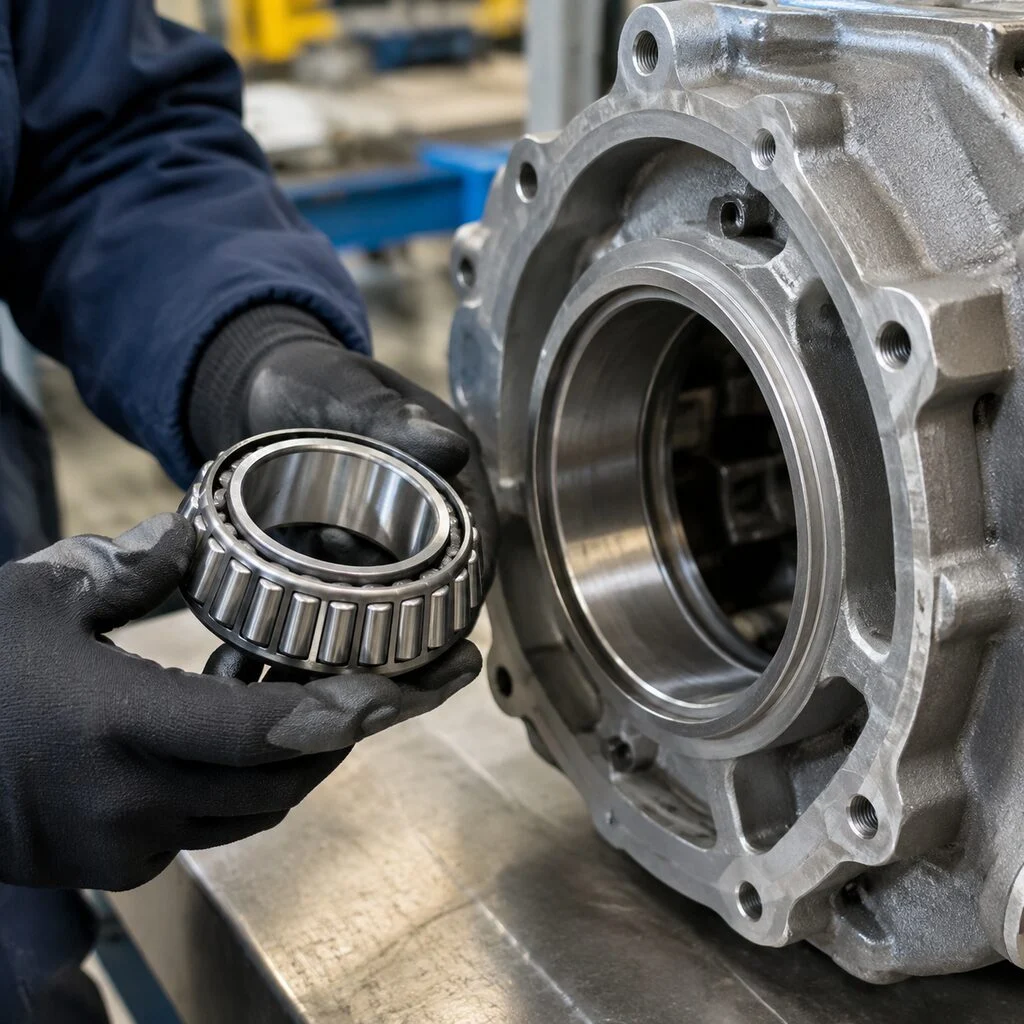Technician holding a tapered roller bearing next to a gearbox housing