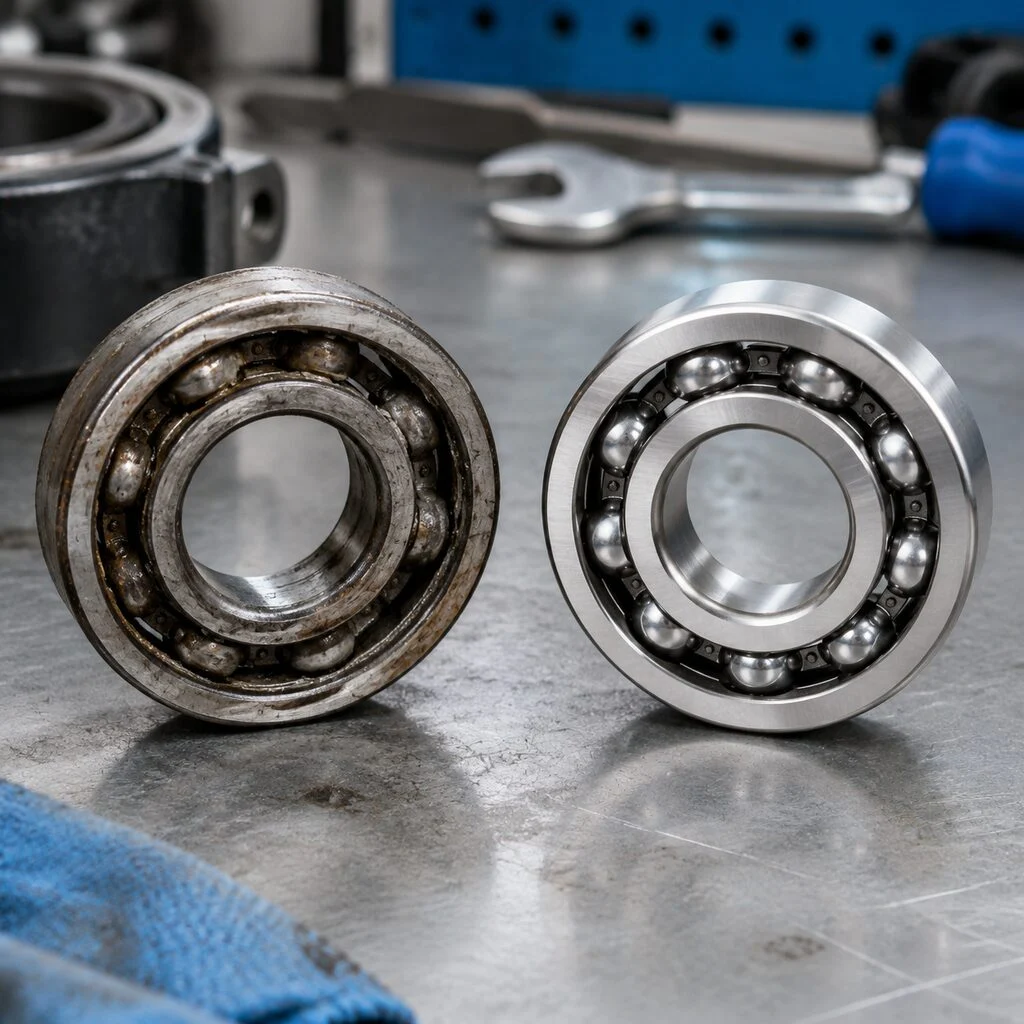 Close-up of a worn ball bearing ring beside a new replacement bearing on a workbench