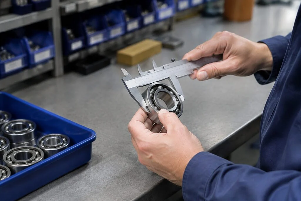 Specialist measuring a bearing with a caliper at a parts counter