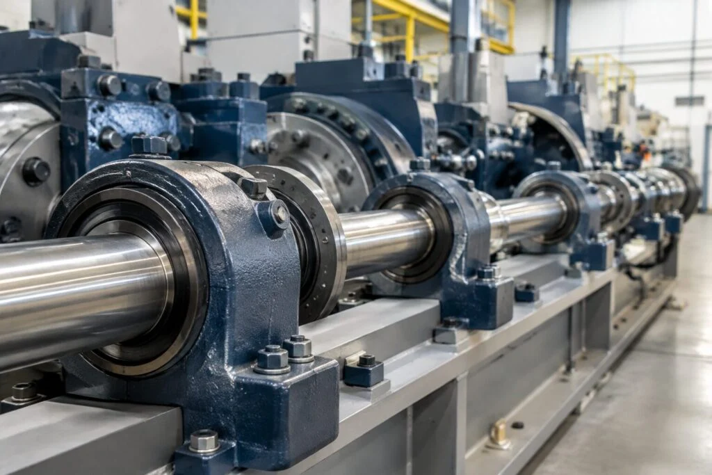 Industrial machinery line with exposed shafts and bearing housings