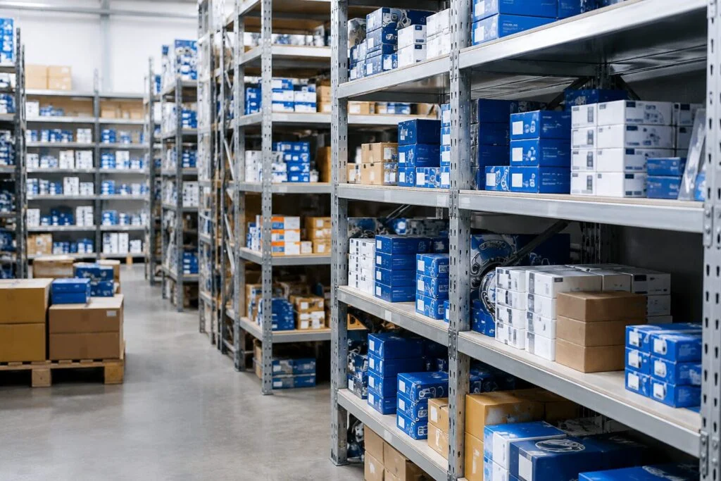 Distributor stockroom with stacked bearing boxes on racking