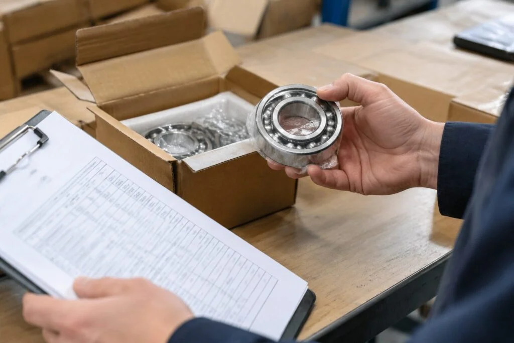 Hands checking a boxed bearing against a delivery order at a receiving bench
