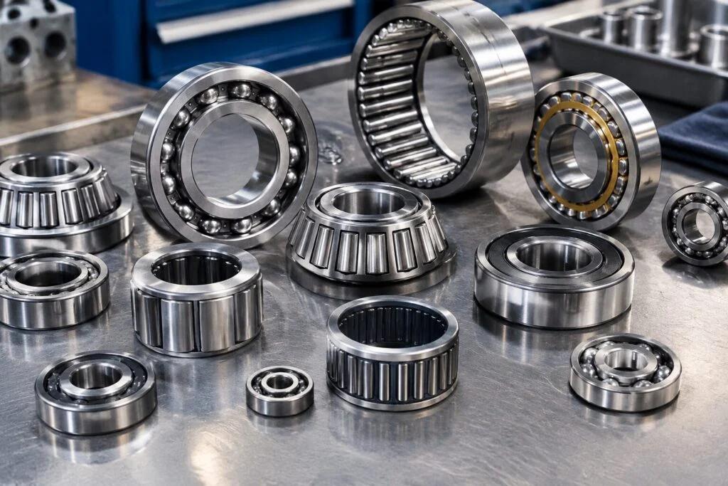 Assorted roller and ball bearings laid out on a steel workbench