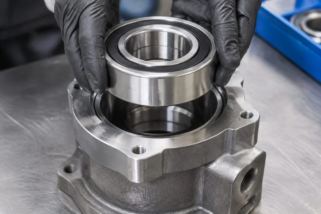 Replacement bearing being fitted into a machined steel housing