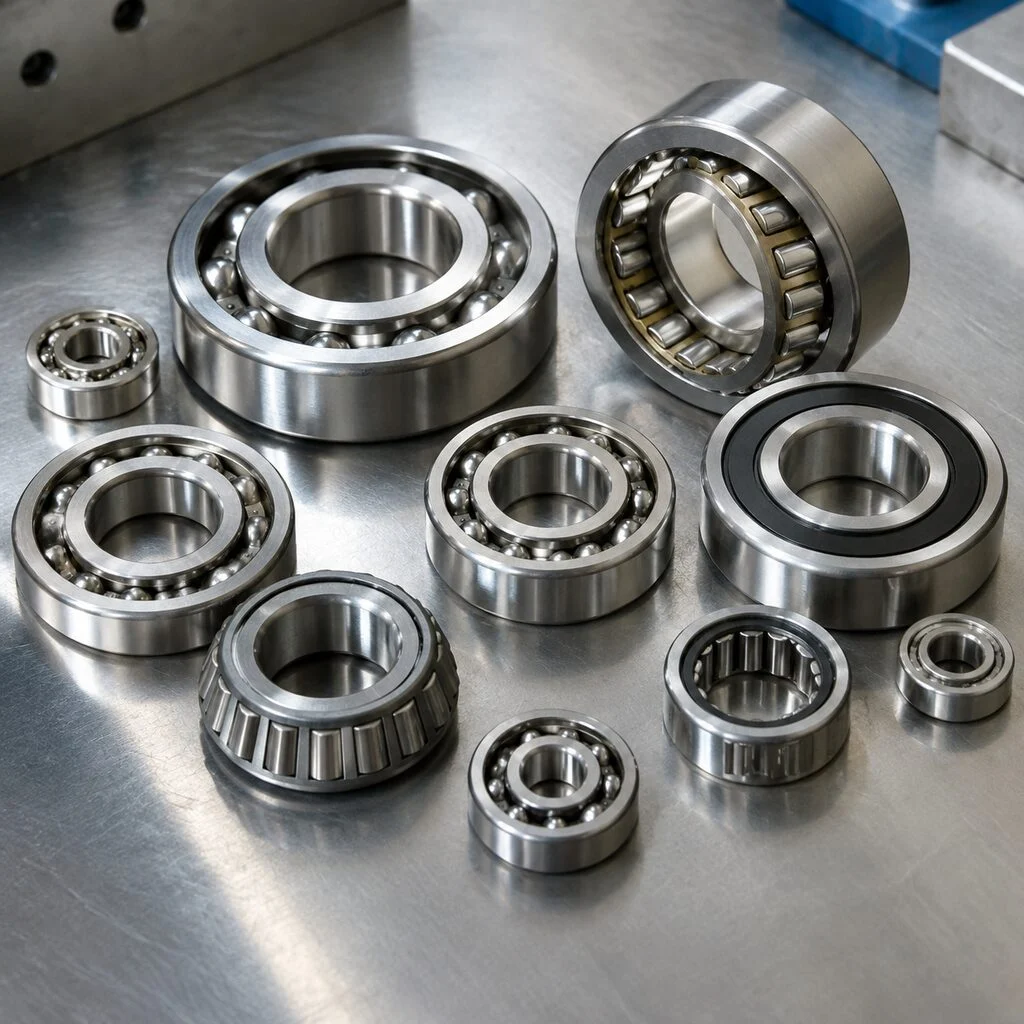 Assorted ball and roller bearings of different sizes laid out on a steel table