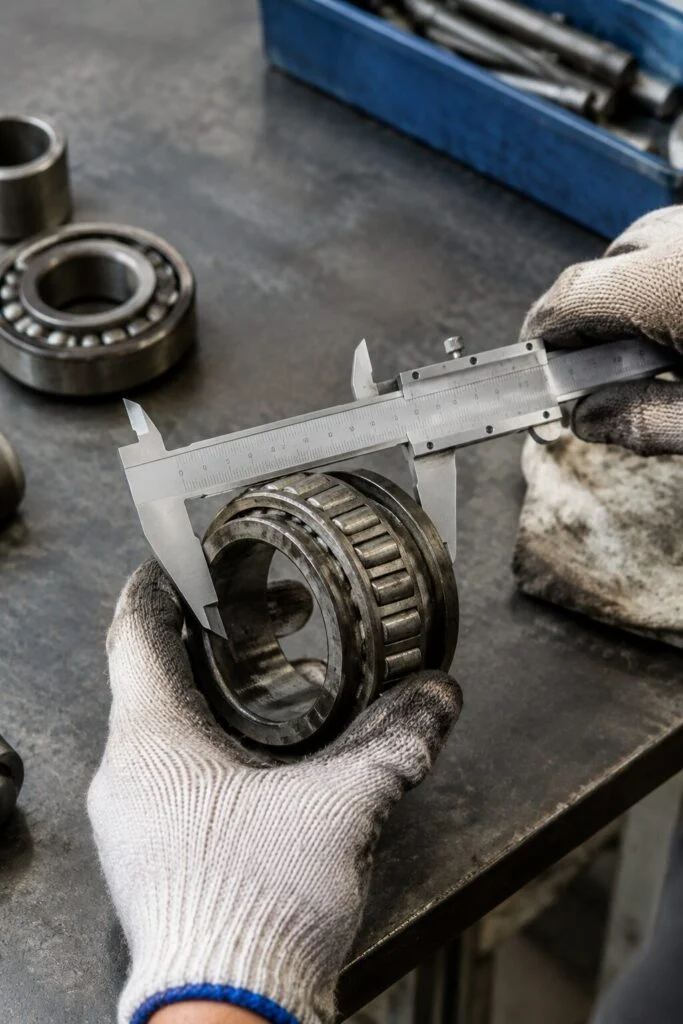 Technician measuring a worn roller bearing with a caliper on a workbench