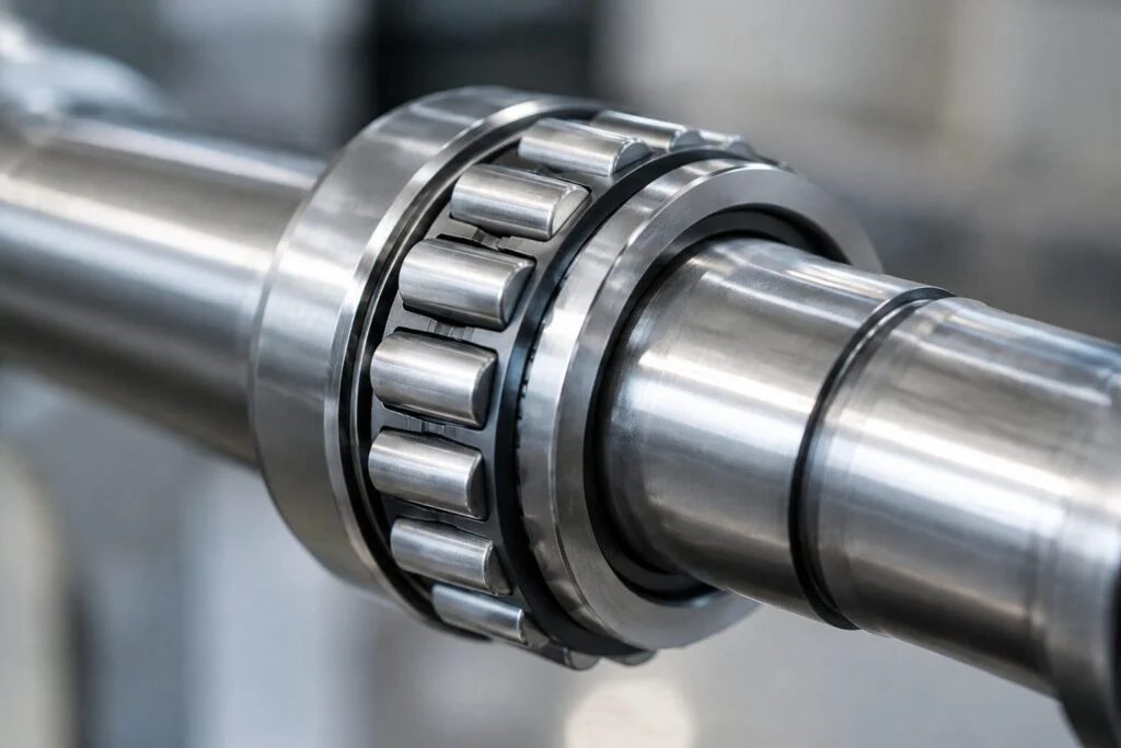 Close-up of a cylindrical roller bearing mounted on a precision machined shaft