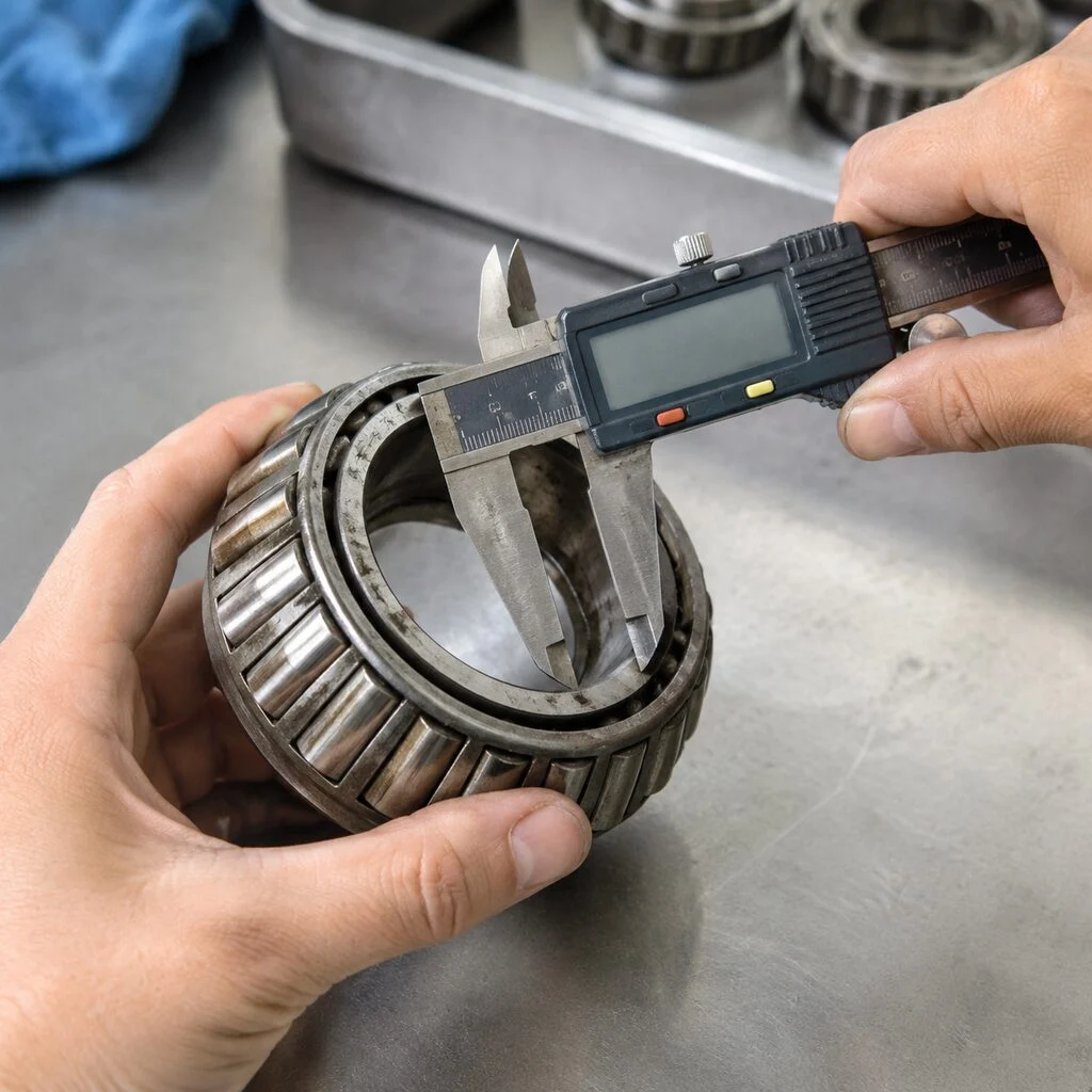 Hands measuring the bore of a used tapered roller bearing with a digital caliper