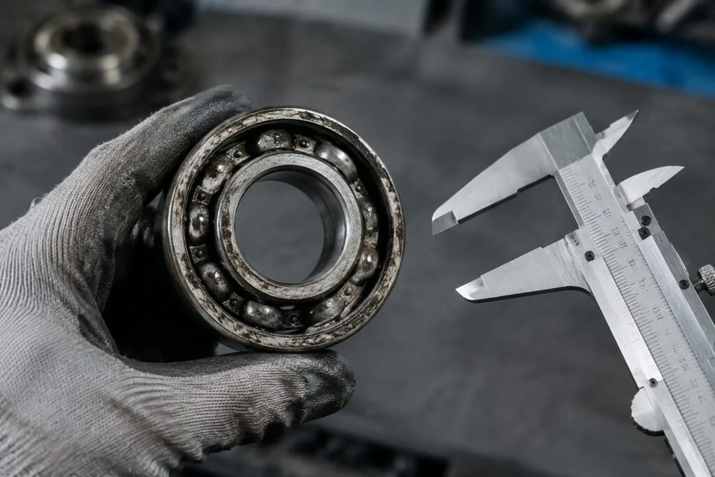 Worn roller bearing held in a technician's gloved hand next to a caliper